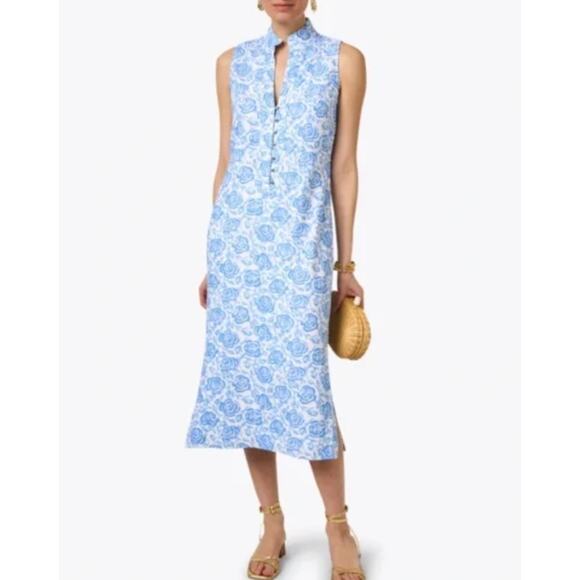Sail To Sable Linen Blend Midi Dress Rose Floral Blue Resort Cottage XXS NWT - Picture 1 of 16